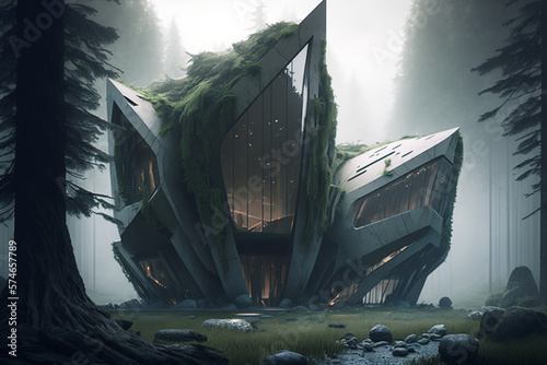 Futuristic hotel in the forest, generative ai