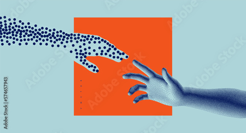 Hands reaching towards each other. Concept of human relation, togetherness or  partnership. 3D vector illustration. Design for banner, flyer, poster, cover or brochure.