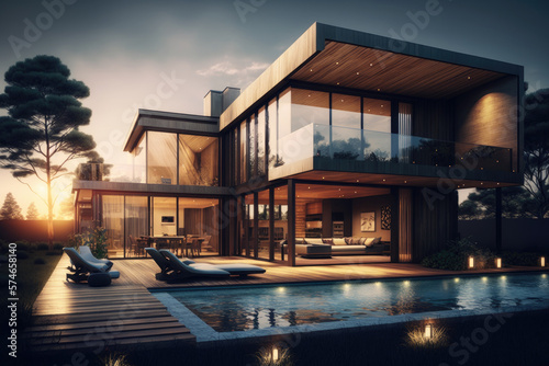 luxury modern timber villa with pool and garden. residential house. generative ai © ArgitopIA