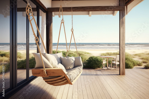 luxury house veranda with hanging swing and beach view. generative ai