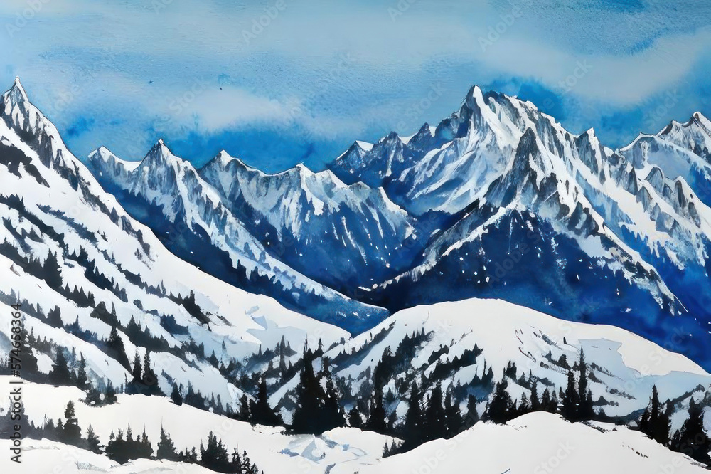 Watercolor winter mountains in the snow. AI generative.