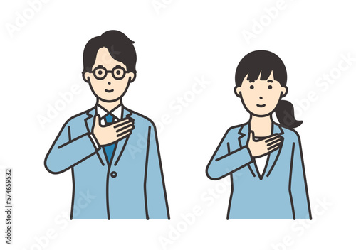 胸に手を当てるスーツを着た女性と男性のイラスト素材セット