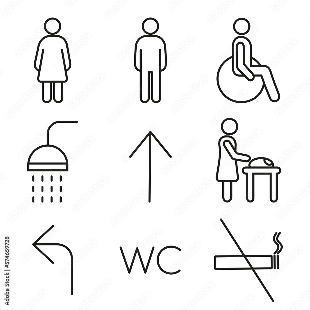 Wayfinding outline editable stroke icon set. Arrows, WC, shower, no smoking, toilet male and female line symbols. Prohibition pictograms in linear style. Vector graphics. Wayfinding outline editable stroke icon set. Arrows, WC, shower, no smoking, toilet male and female line symbols. Prohibition pictograms in linear style. Vector graphics.