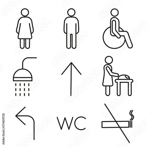 Wayfinding outline editable stroke icon set. Arrows, WC, shower, no smoking, toilet male and female line symbols. Prohibition pictograms in linear style. Vector graphics.