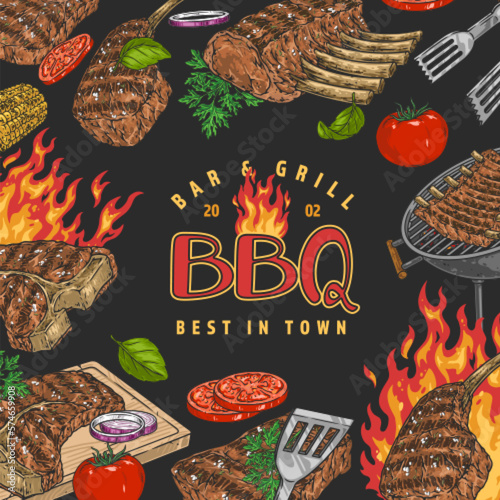 BBQ bar vintage colorful poster