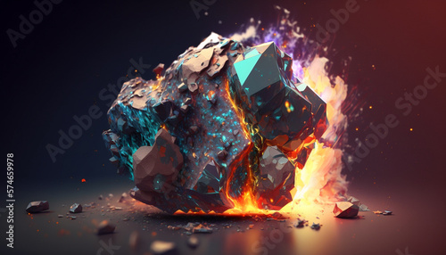 a strange space stone, burned by the fire element. outer space background. Generative AI.