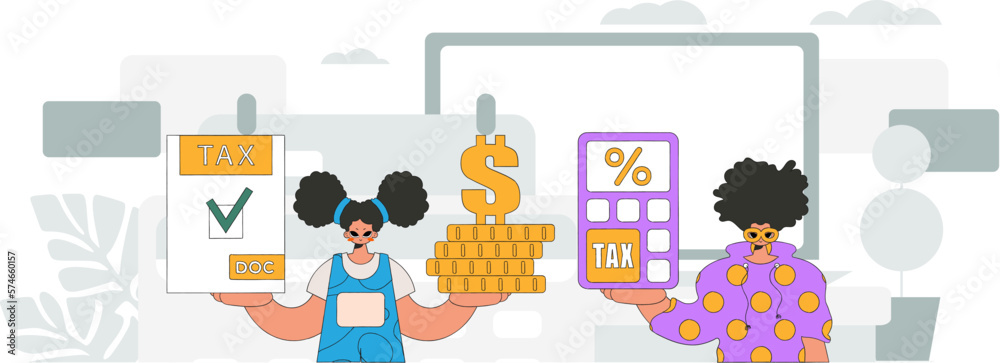 A graceful guy and a girl are engaged in paying taxes. An illustration demonstrating the correct payment of taxes.