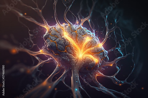 Neurological, neuron brain cell, stem cells, disease, firing neurons on dark background, nervous system illustration Generative AI