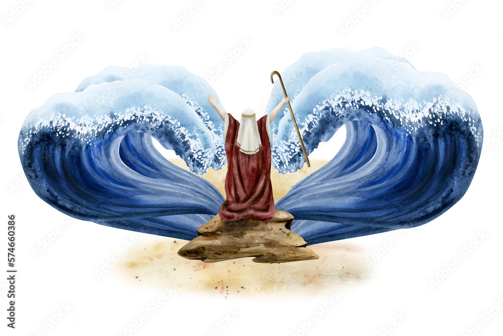 Watercolor Exodus with Moses from Passover Haggadah, Bible story about  separating Red sea, Jewish history illustration Stock Illustration | Adobe  Stock