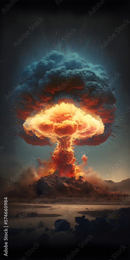 Nuclear war concept. Explosion of nuclear bomb. Creative artwork decoration in dark. Nuclear mushroom. Powerful mushroom-shaped explosion in high resolution. Created with Generative AI