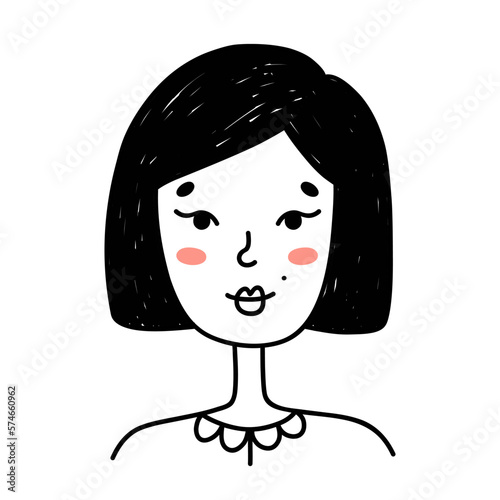 Cute portrait of young woman isolated on white background. Cartoon character. Vector hand-drawn illustration in doodle style. Perfect for social media, avatars, logo, various designs.