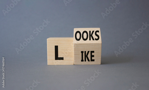 Looks like symbol. Turned wooden cubes with words Looks like. Beautiful grey background. Business and Looks like concept. Copy space