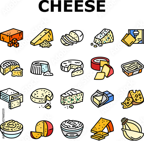 cheese food slice piece dairy icons set vector