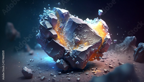 A strange space stone, frozen with elements of ice. outer space background. Generative AI.