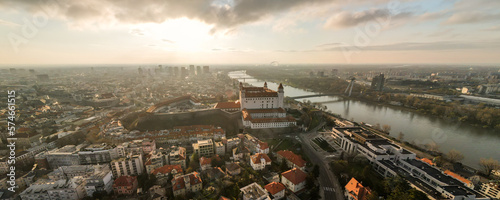 Panoramic view of Bratislava with river Danube and bridges; Bratislava skyline, cityscape, Danube river,  modern downtown in the back of the image