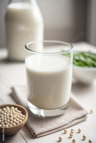 Glass with vegan soy milk on a white table. Generative AI