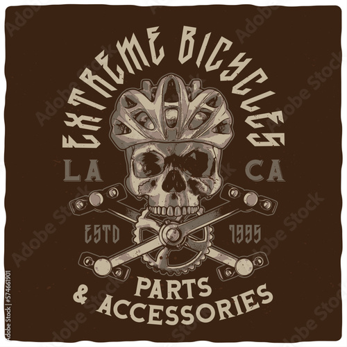 T-shirt or poster design with skull in bicycle helmet