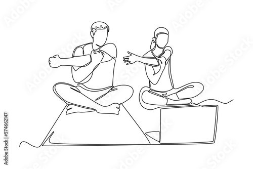 Single one line drawing couple taking part in an online yoga class session. Class in action concept. Continuous line draw design graphic vector illustration.