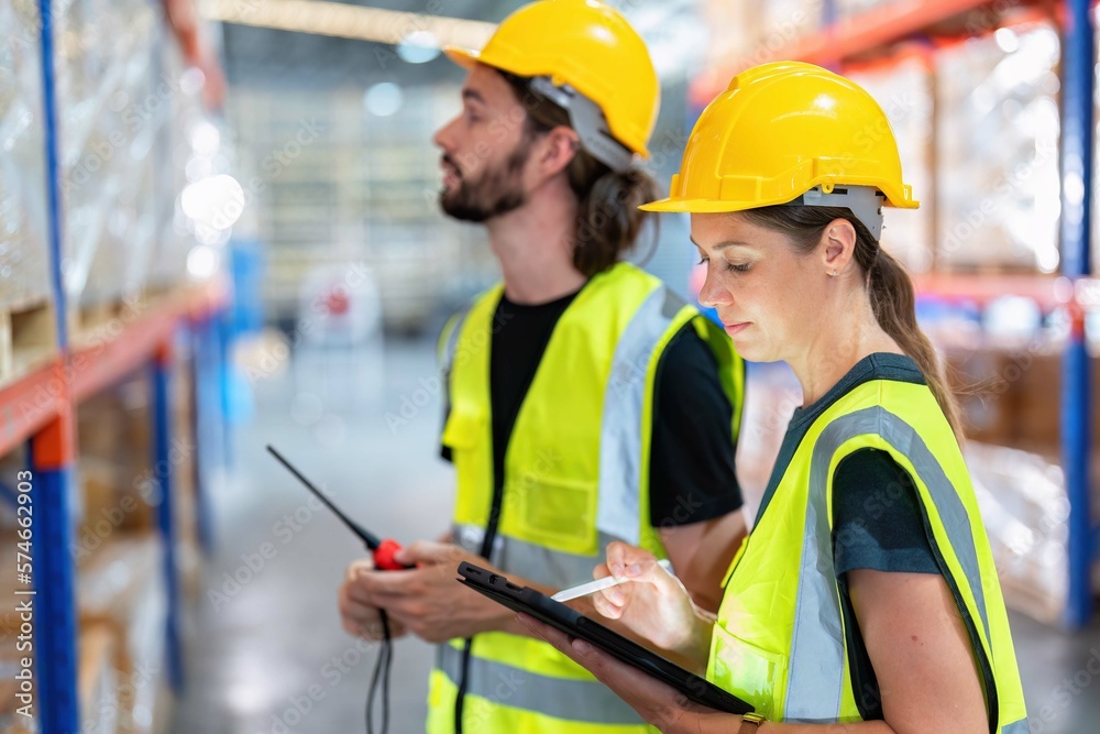 Warehouse worker standing check stock quantity of product and key information to tablet pc Warehouse worker standing check stock quantity of product and key information to tablet pc