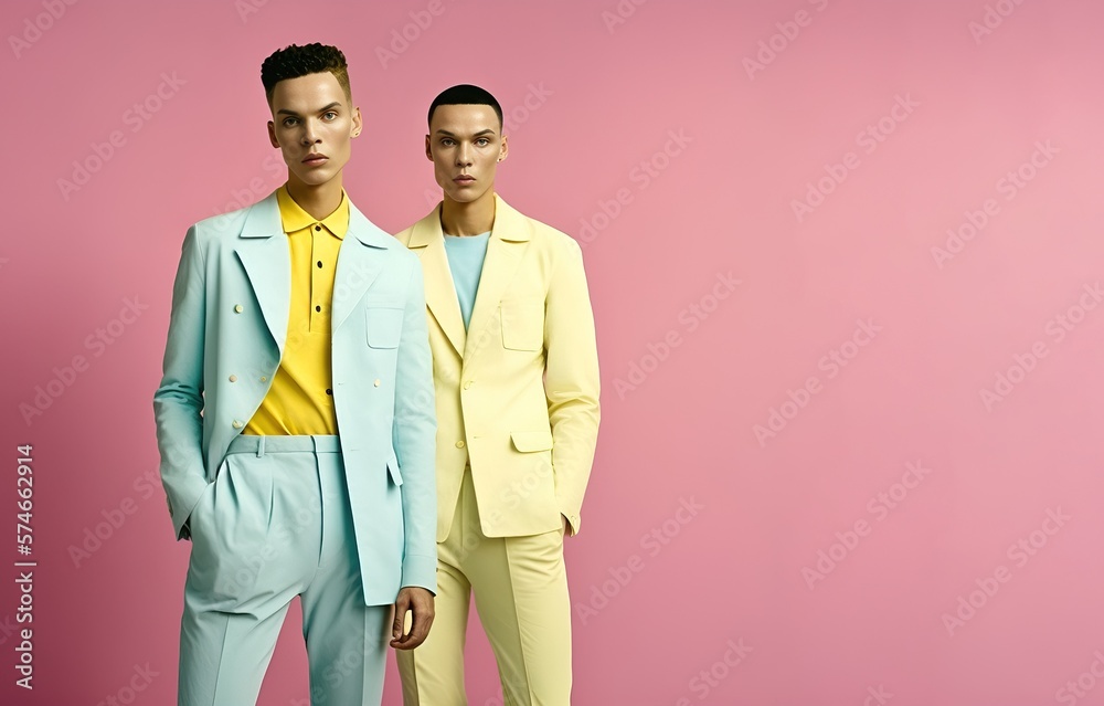 A couple who are happy in love and have a matching outfit of pastel colors. Love that lasts forever. Young gay people, two men in love. Generative AI. A couple who are happy in love and have a matching outfit of pastel colors. Love that lasts forever. Young gay people, two men in love. Generative AI.