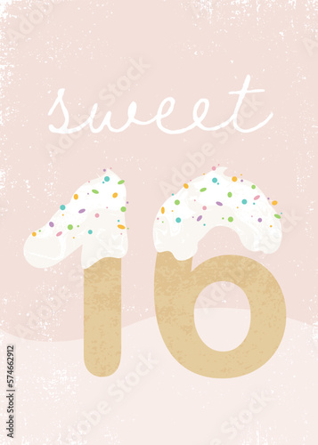 Sweet sixteen in a grunge cupcake style with sprinkles, 5x7 card ratio
