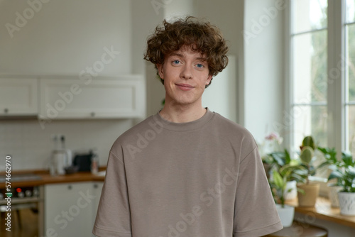 Photo people and lifestyle concept. Indoor shot of positive handsome young caucasian man with voluminous hair. An indoor portrait of a person smiling and looking at the camera, wearing casual clothing