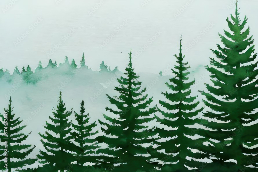 Watercolor pine forest in the fog. AI generative.