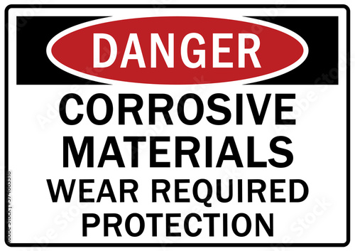 Corrosive material hazard sign and labels wear required protection