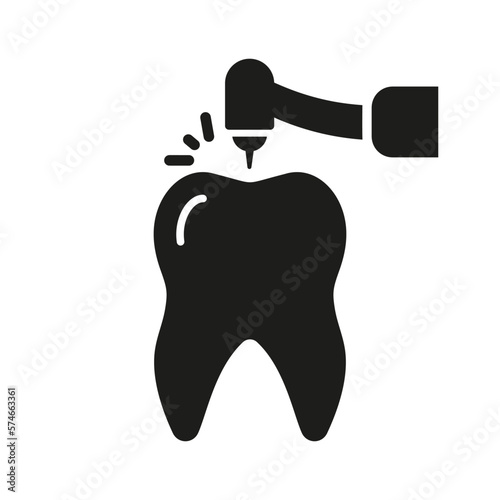 Drilling Tooth with Dentist's Instrument Silhouette Icon. Dentist Drills Teeth, Endodontics Procedure Solid Sign. Root Canal Treatment Glyph Pictogram. Dentistry Symbol. Isolated Vector Illustration
