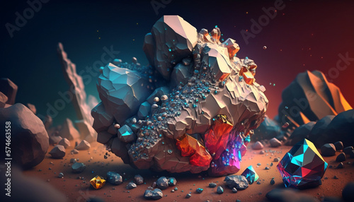 A strange space stone  having a different mix of elements. outer space background. Generative AI.
