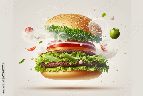 Floating burger isolated on white background. Ingredients for a delicious hamburger with ground beef, lettuce, bacon, onion, tomato and cucumber photo