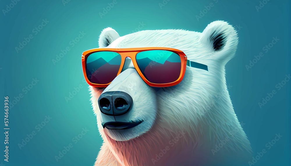 Polar Bear wearing sunglasses on a solid color background, vector art, digital art, faceted. Generative AI. 