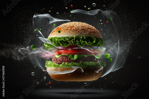 Floating burger isolated on white background. Ingredients for a delicious hamburger with ground beef, lettuce, bacon, onion, tomato and cucumber photo