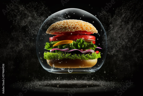 Floating burger isolated on white background. Ingredients for a delicious hamburger with ground beef, lettuce, bacon, onion, tomato and cucumber photo