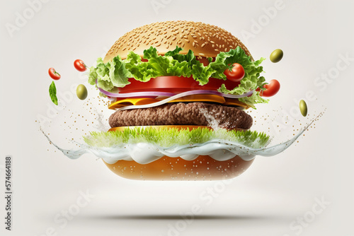 Floating burger isolated on white background. Ingredients for a delicious hamburger with ground beef, lettuce, bacon, onion, tomato and cucumber photo