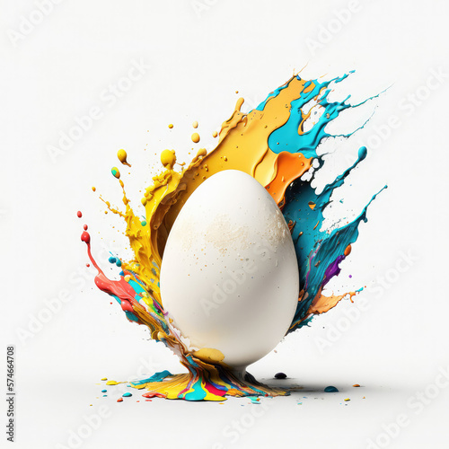 Splash of bright paint on a white egg on a white background.  generative AI