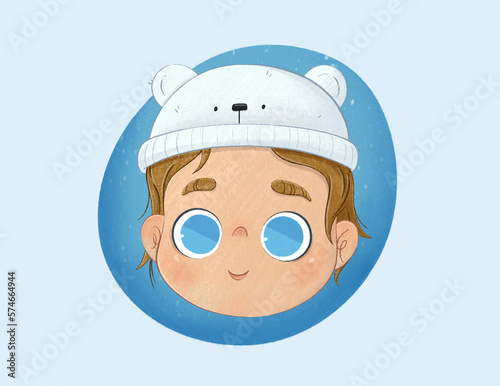 Cute hand-drawn illustration of a boy with big happy eyes and a bear hat