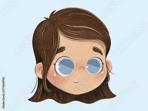 Cute hand-drawn illustration of a pretty young girl with big eyes and a modern hairstyle