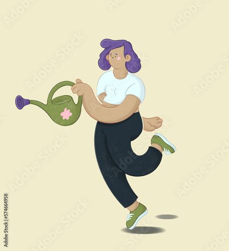 Cute colorful illustration of a young woman watering the plants
