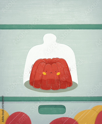 Hand-drawn illustration of a red cute jelly cooling in the fridge with other fruits