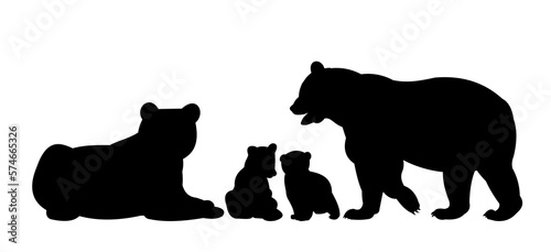 Family bear male and female with cubs. Wild animals. Silhouette figures. Isolated on white background. Vector
