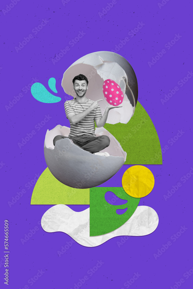 Postcard banner collage of little dream young guy born from broken eggs shell advertise easter sale present chocolate sweets Postcard banner collage of little dream young guy born from broken eggs shell advertise easter sale present chocolate sweets