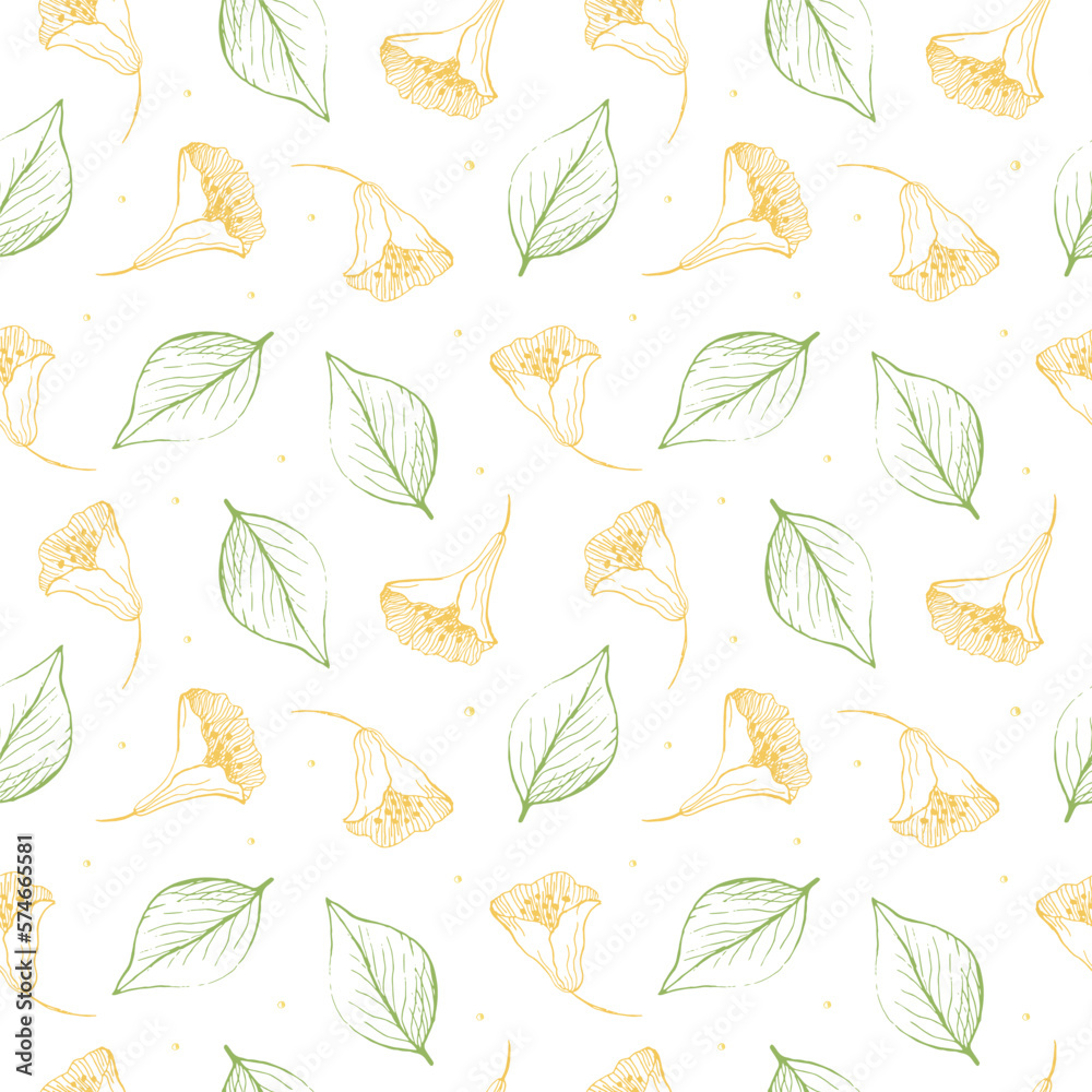 Cute seamless repeating pattern with yellow flowers and leaves on a light background, floral motif. Hand drawn plants in a pattern for design, textile, wrapping paper and packaging design