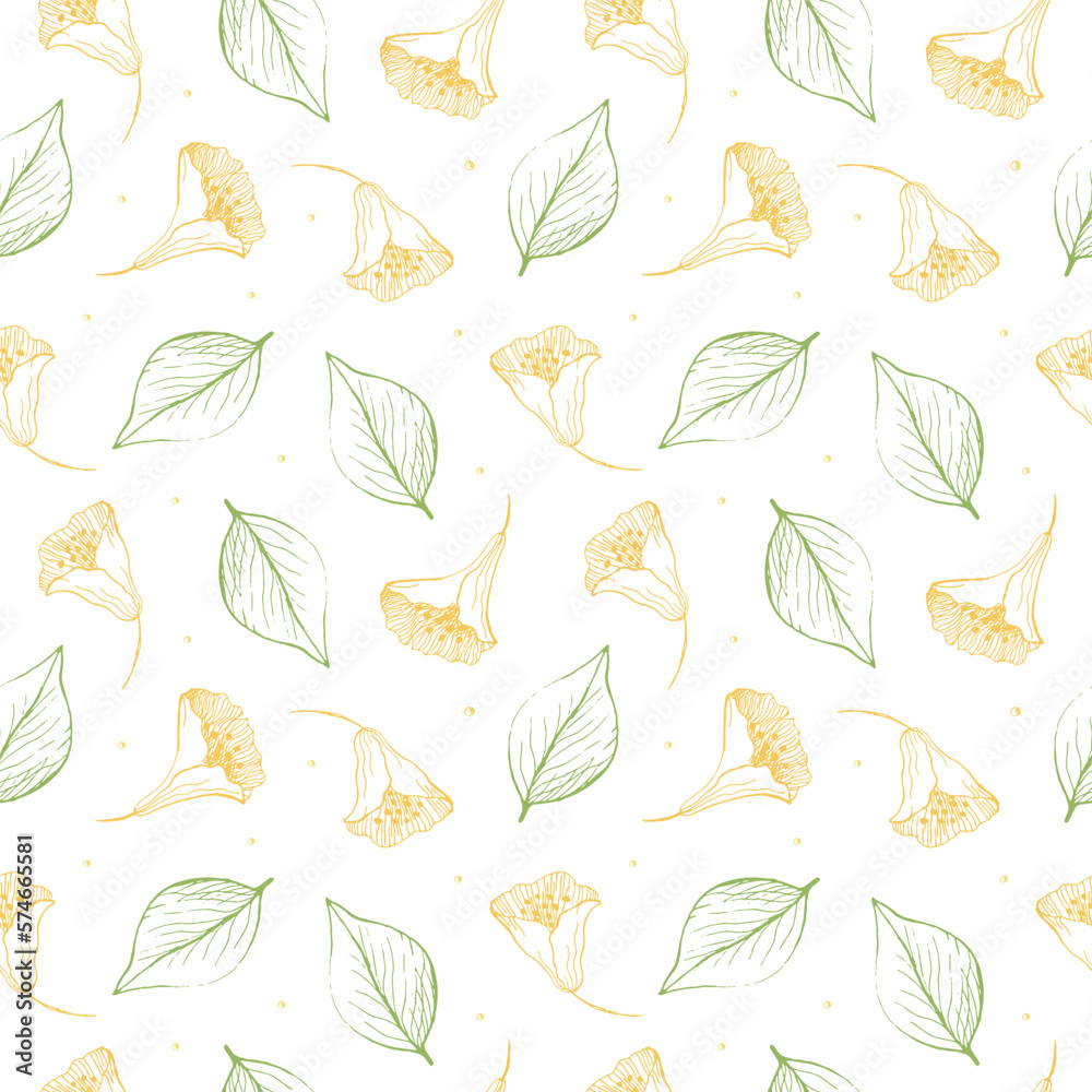 Cute seamless repeating pattern with yellow flowers and leaves on a light background, floral motif. Hand drawn plants in a pattern for design, textile, wrapping paper and packaging design Cute seamless repeating pattern with yellow flowers and leaves on a light background, floral motif. Hand drawn plants in a pattern for design, textile, wrapping paper and packaging design