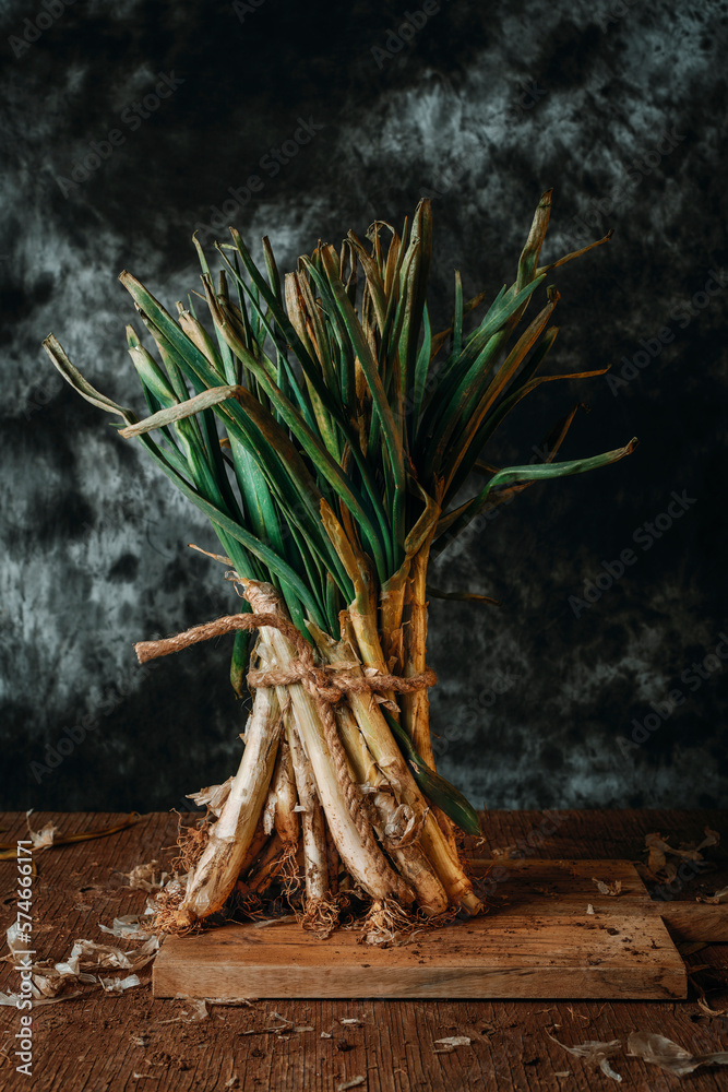 bunch of raw calcots, sweet onions typical of Catalonia