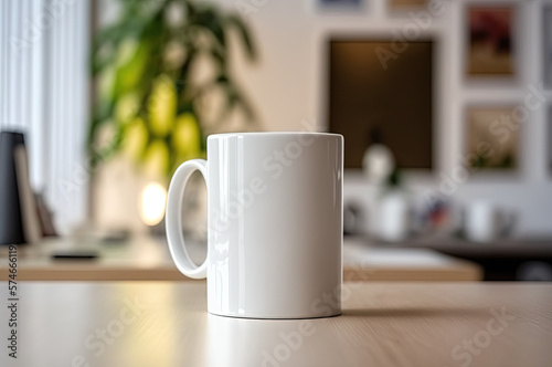 White mug on table and modern room background. Generative AI. photo