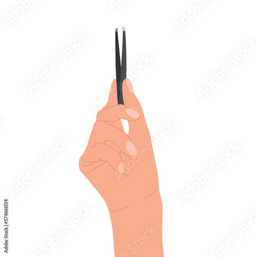Flat woman hand holding tweezers for brows correction. Professional browmaker tool for salon beauty procedure. Brow master accessory for tweezing