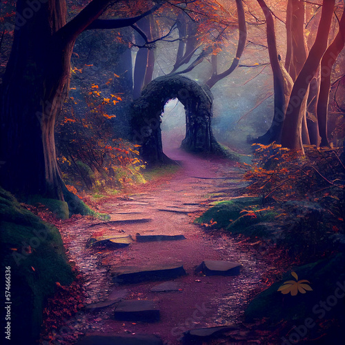 Footpath in the mystical forest, generative AI illustration