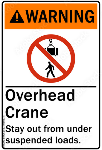 Overhead crane hazard sign and labels stay out from under suspended loads