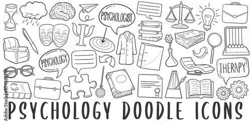 Psychology Doodle Icons. Hand Made Line Art. Mental Health Clipart Logotype Symbol Design.